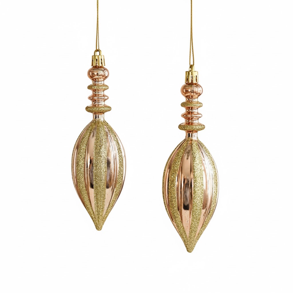 PCH-06  زينة شجرة ذهبي و وردي شكل مغزلي 2 قطع